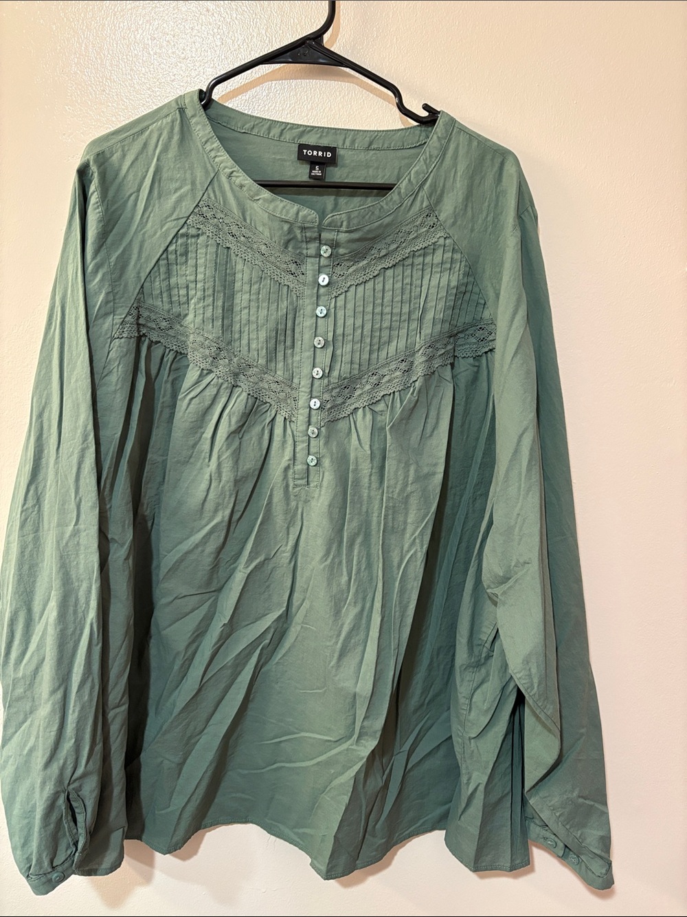 torrid Sage Green Lace Pintuck Peasant Top